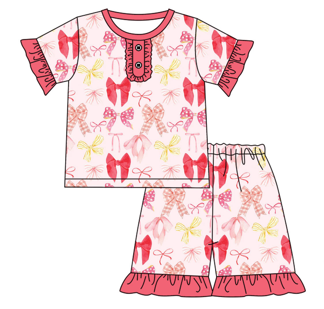 12.11(Custom Design Preorder MOQ 5) Pink Bows Print Girls Summer Pajamas Clothes Set