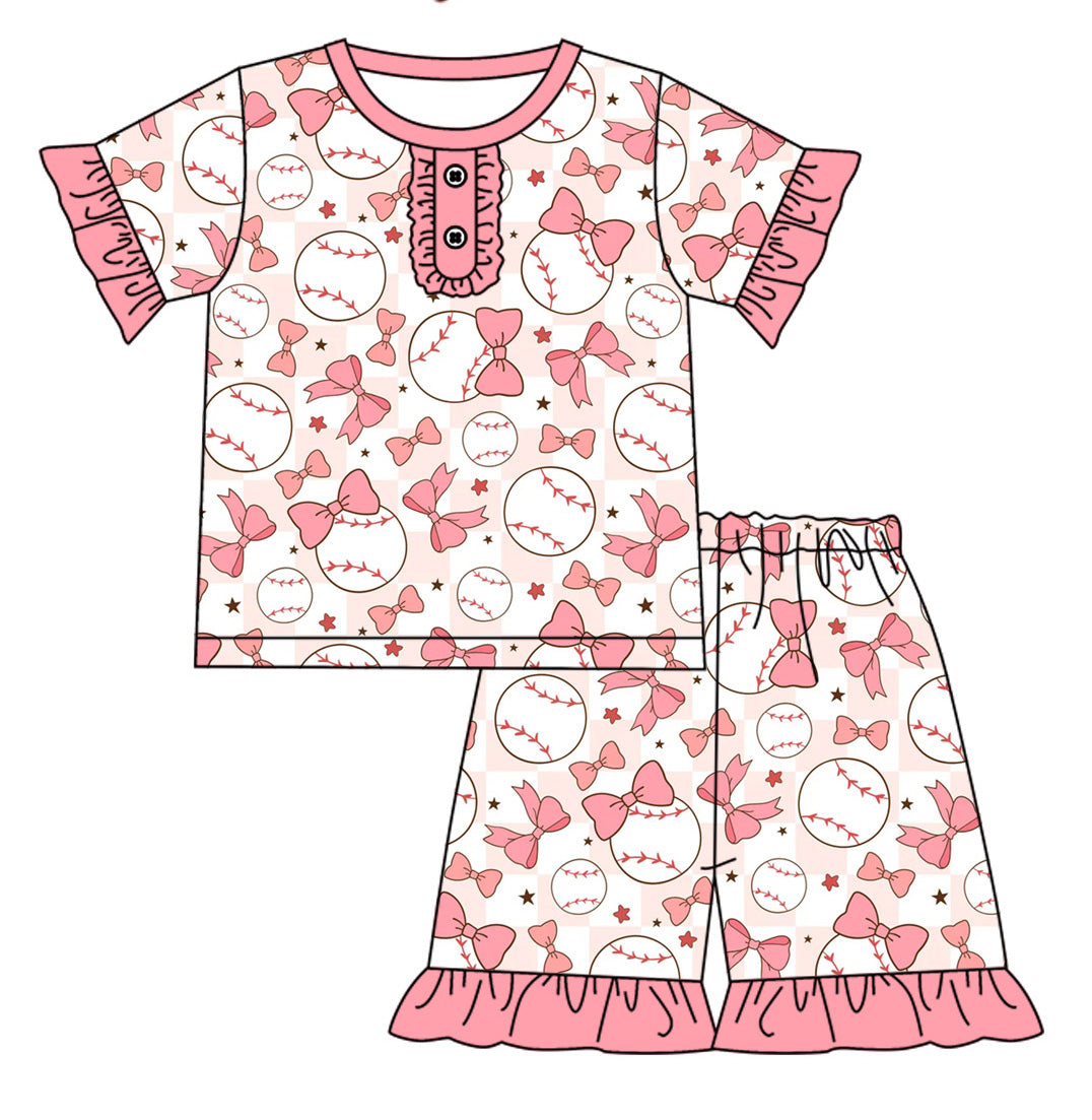 12.11(Custom Design Preorder MOQ 5) Pink Bows Baseball Print Girls Summer Pajamas Clothes Set