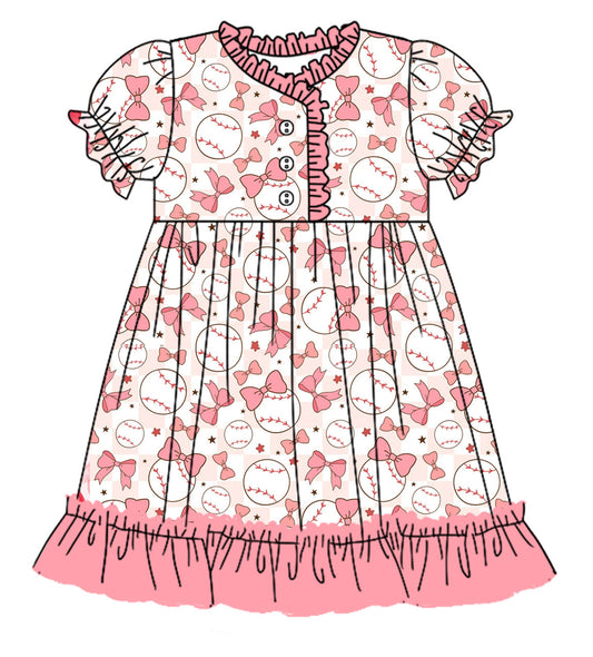 12.11(Custom Design Preorder MOQ 5) Pink Bows Baseball Print Girls Summer Pajamas Knee Length Dress