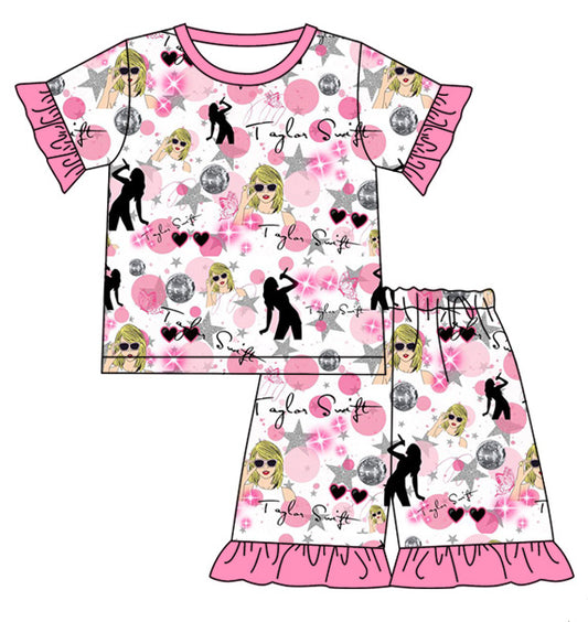 12.11(Custom Design Preorder MOQ 5) Singer Swiftie Pink Print Girls Summer Pajamas Clothes Set