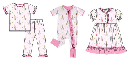 12.13(Custom Design Preorder MOQ 5 Each Design) Bunny Pink Print Girls Easter Matching Clothes Sisters Wear