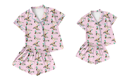 12.14(Custom Design Preorder MOQ 5 Each Design) Duck Pink Print Buttons Pajamas Sets Mom and Me Summer Matching Clothes