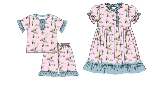 12.14(Custom Design Preorder MOQ 5 Each Design) Duck Pink Print Girls Summer Matching Clothes Sisters Wear