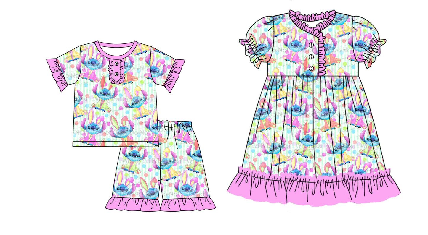 12.14(Custom Design Preorder MOQ 5 Each Design) Cartoon Stitc* Bunny Print Girls Easter Matching Clothes Sisters Wear