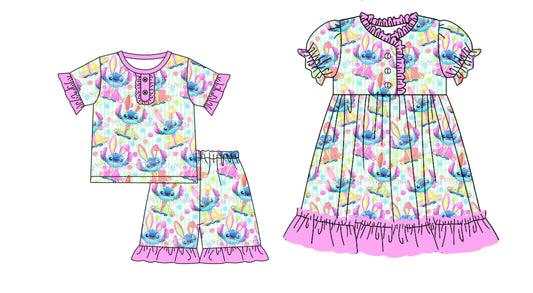 12.14(Custom Design Preorder MOQ 5 Each Design) Cartoon Stitc* Bunny Print Girls Easter Matching Clothes Sisters Wear