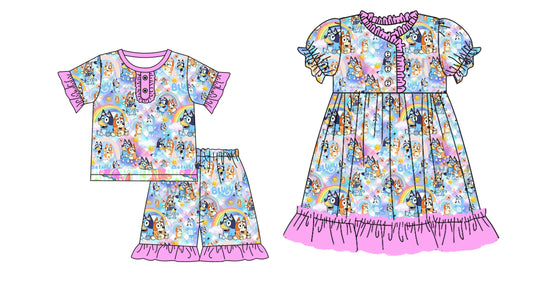 12.14(Custom Design Preorder MOQ 5 Each Design) Cartoon Dog Rainbow Print Girls Summer Matching Clothes Sisters Wear