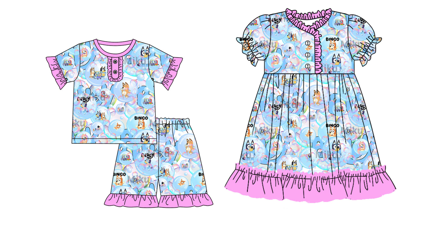 12.14(Custom Design Preorder MOQ 5 Each Design) Cartoon Dog Bubbles Print Girls Summer Matching Clothes Sisters Wear