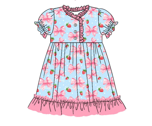 12.14(Custom Design Preorder MOQ 5) Strawberry Bows Print Girls Summer Pajamas Knee Length Dress