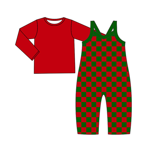 (Custom Design Preorder MOQ 5) Red Top Green Plaid Jumpsuit Girls Christmas Clothes Set