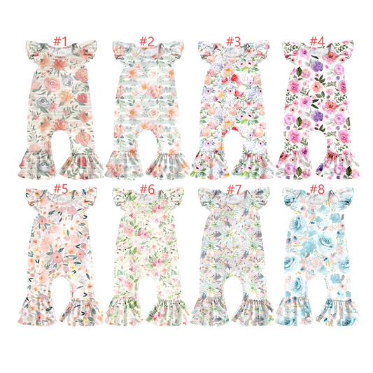 11.29(Custom Design Preorder MOQ 5) Colorful Flowers Print Baby Girls Summer Ruffles Romper