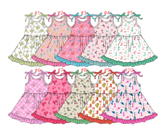 12.4 (Custom Design Preorder MOQ 5) Boots Hat Cactus Print Girls Summer Western Knee Length Dress Sisters Wear