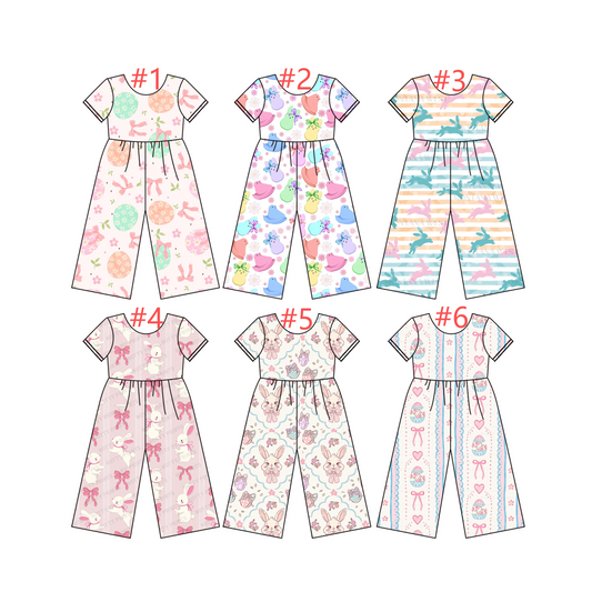 12.8 (Custom Design Preorder MOQ 5) Bunny Flowers Print Girls Easter Jumpsuits