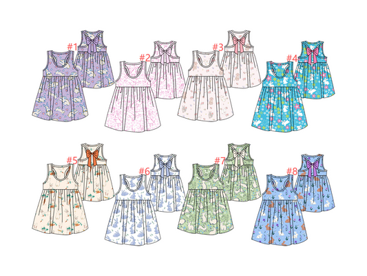 12.10 (Custom Design Preorder MOQ 5) Flowers Bunny Print Girls Easter Knee Length Dress Sisters Wear