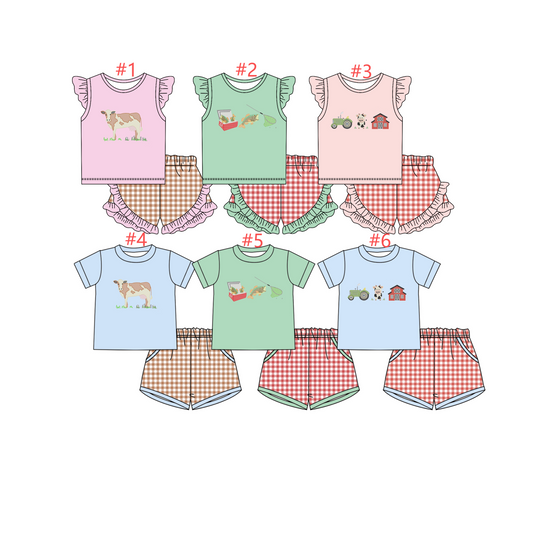 12.23 (Custom Design Preorder MOQ 5) Cows Fishing Plaid Print Kids Summer Clothes Set Sibling Wear