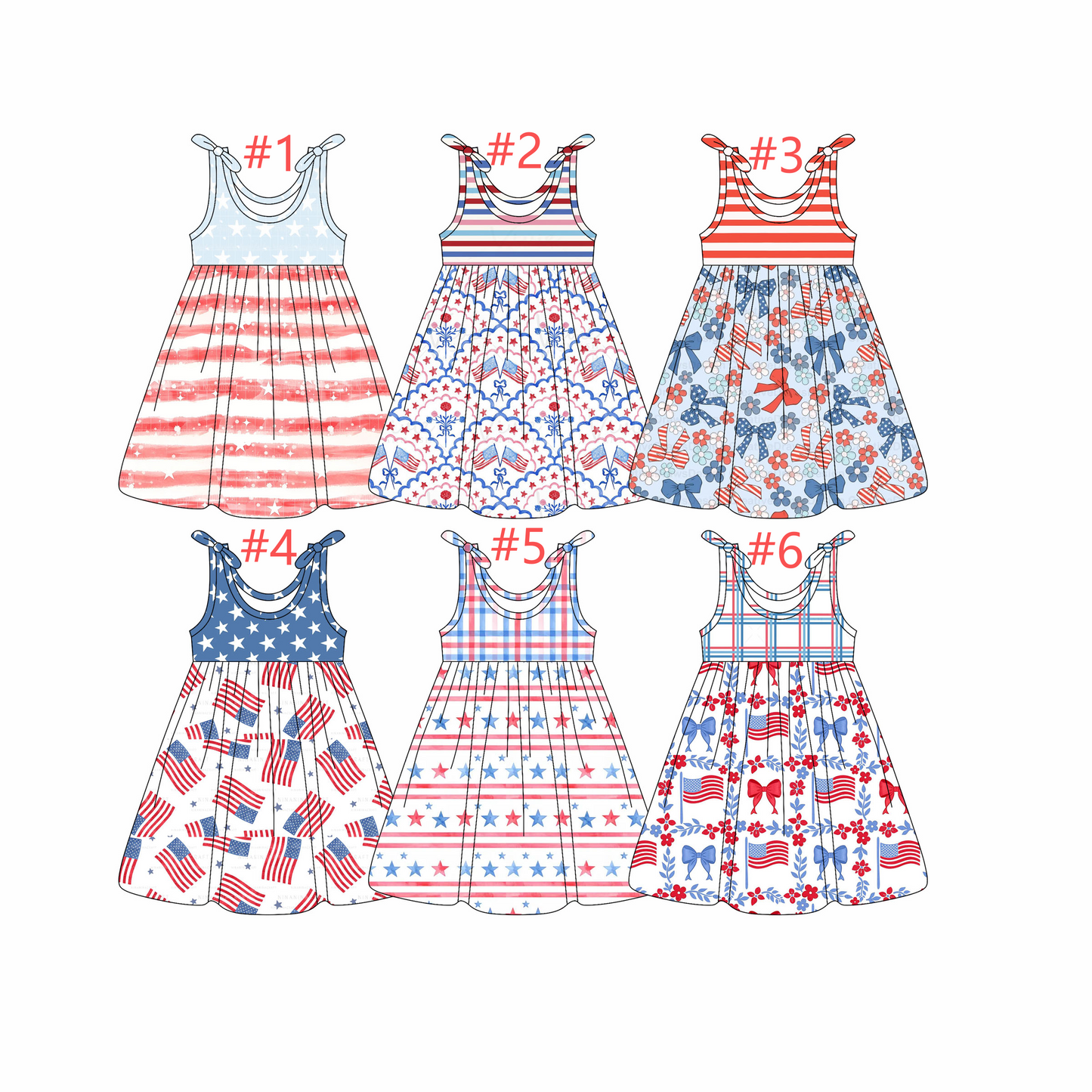 12.24 (Custom Design Preorder MOQ 5) Stars Flag Bows Print Girls 4th of July Knee Length Dress Sisters Wear