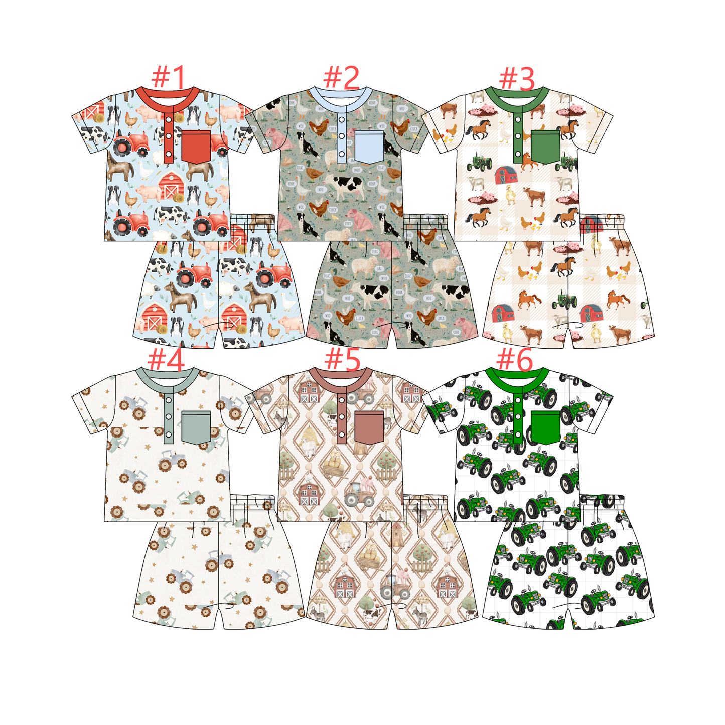 12.24 (Custom Design Preorder MOQ 5) Farm Animals Tractors Print Boys Summer Clothes Set Brothers Wear