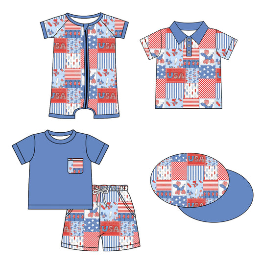 1.3(Custom Design Preorder MOQ 5 Each Design) Balloon Dog USA Print Boys 4th of July Matching Clothes Brothers Wear