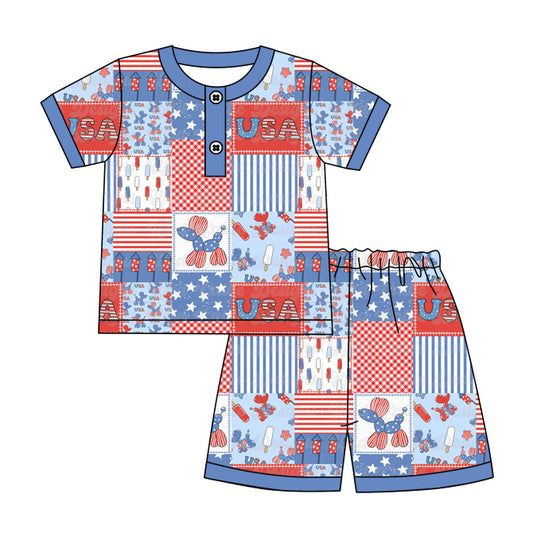 1.3(Custom Design Preorder MOQ 5) Balloon Dog USA Print Boys 4th of July Button Pajamas Clothes Set