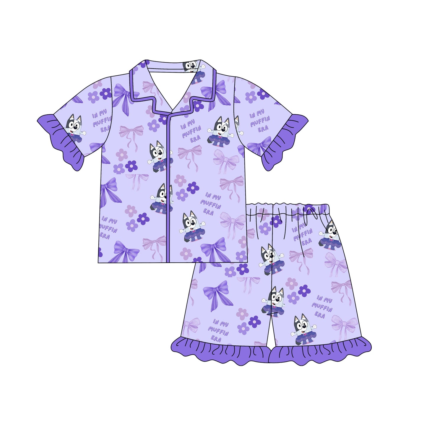 1.8(Custom Design Preorder MOQ 5 Each Design) Cartoon Dog Purple Print Girls Summer Pajamas Matching Clothes Sisters Wear