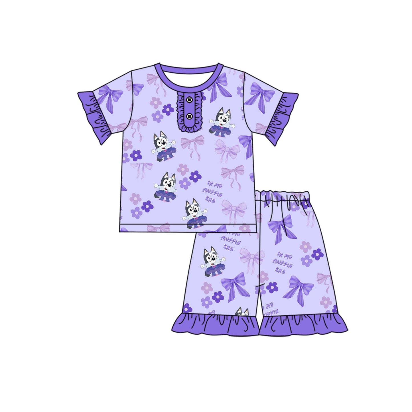 1.8(Custom Design Preorder MOQ 5 Each Design) Cartoon Dog Purple Print Girls Summer Pajamas Matching Clothes Sisters Wear