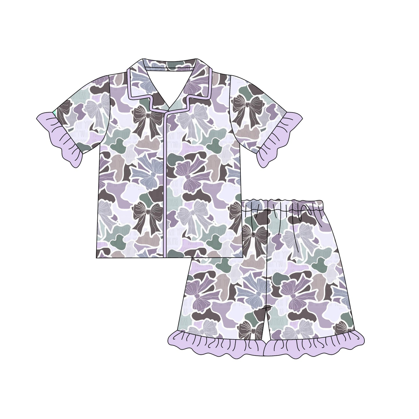 1.8(Custom Design Preorder MOQ 5 Each Design) Bows Camo Purple Print Girls Summer Pajamas Matching Clothes Sisters Wear