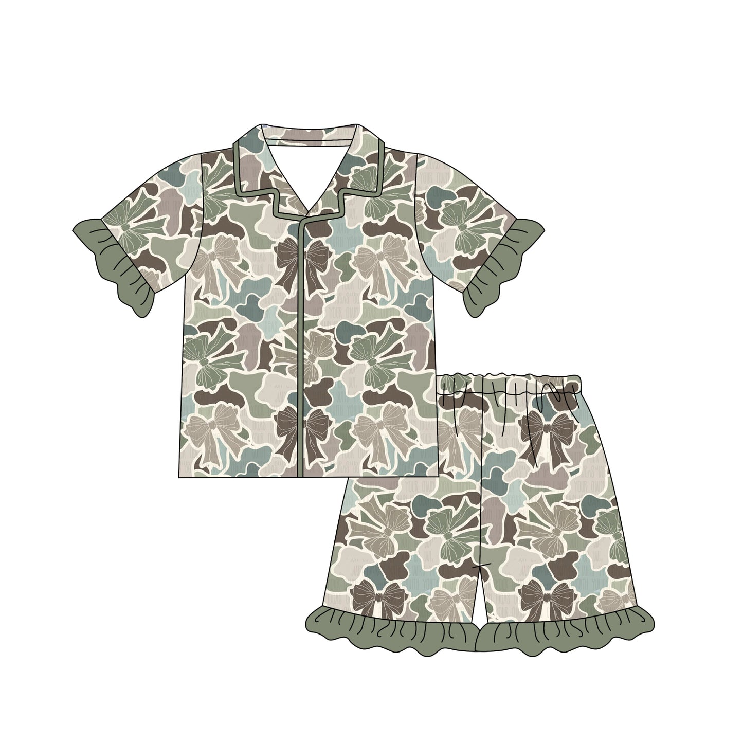 1.8(Custom Design Preorder MOQ 5 Each Design) Bows Camo Green Print Girls Summer Pajamas Matching Clothes Sisters Wear