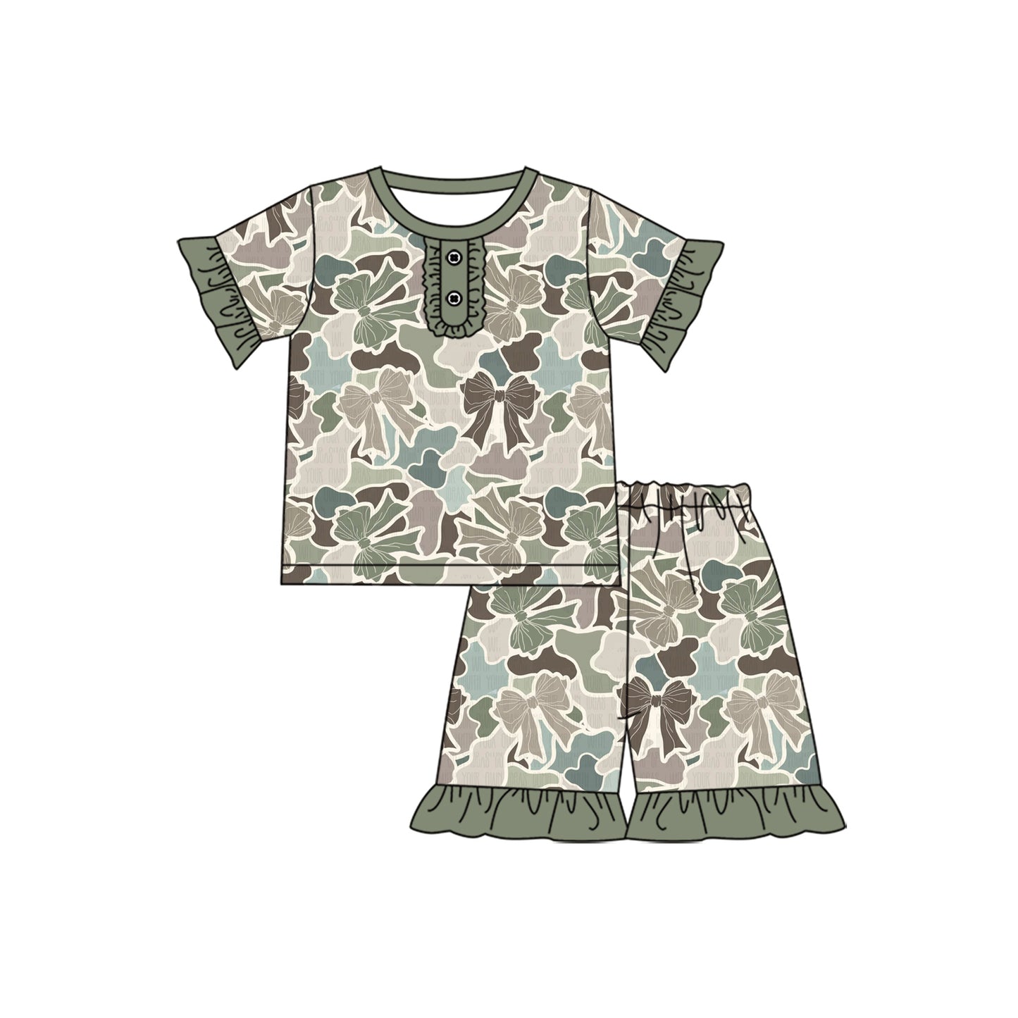 1.8(Custom Design Preorder MOQ 5 Each Design) Bows Camo Green Print Girls Summer Pajamas Matching Clothes Sisters Wear