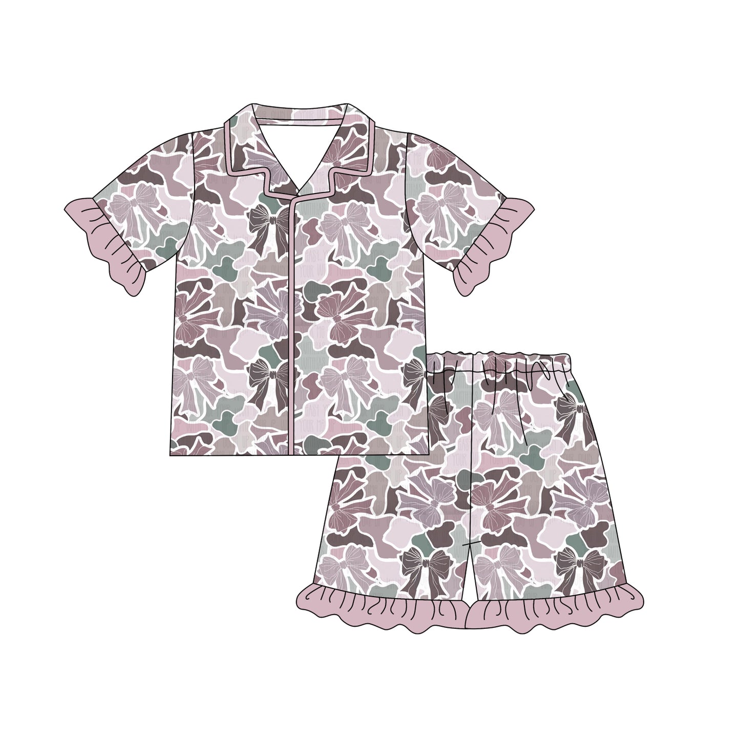 1.8(Custom Design Preorder MOQ 5 Each Design) Bows Camo Pink Print Girls Summer Pajamas Matching Clothes Sisters Wear