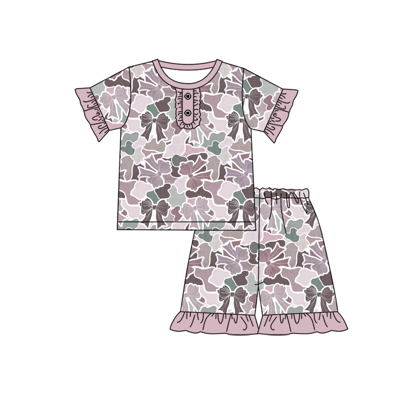 1.8(Custom Design Preorder MOQ 5 Each Design) Bows Camo Pink Print Girls Summer Pajamas Matching Clothes Sisters Wear