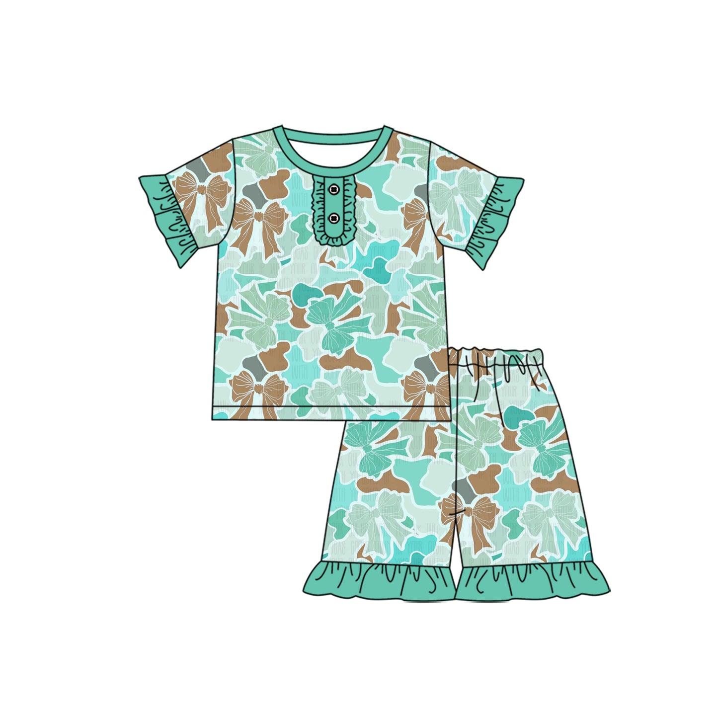 1.8(Custom Design Preorder MOQ 5 Each Design) Bows Camo Aqua Print Girls Summer Pajamas Matching Clothes Sisters Wear