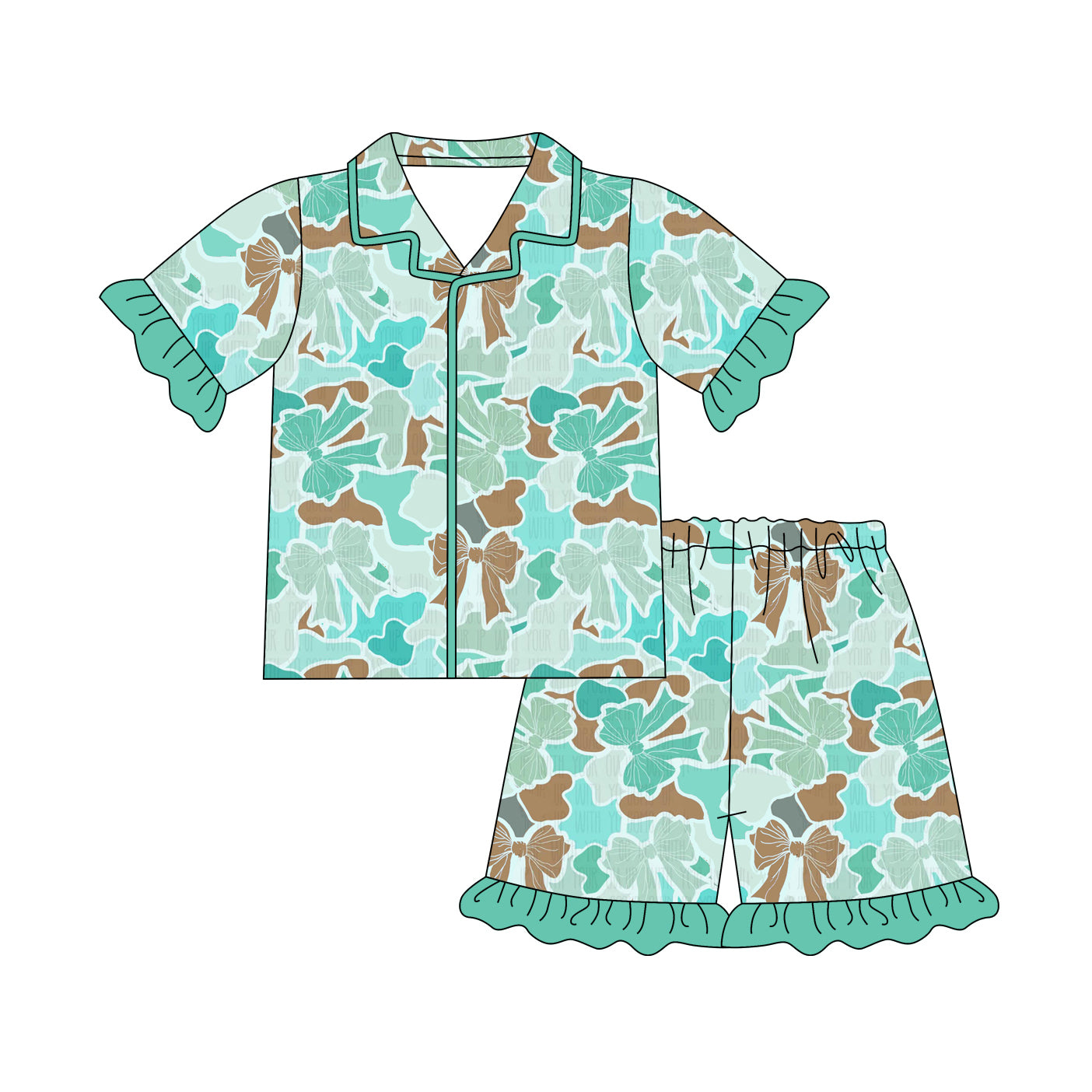 1.8(Custom Design Preorder MOQ 5 Each Design) Bows Camo Aqua Print Girls Summer Pajamas Matching Clothes Sisters Wear