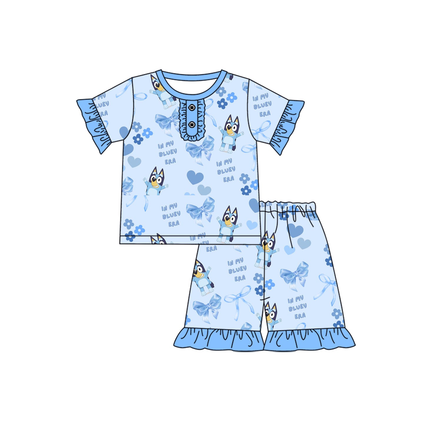 1.8(Custom Design Preorder MOQ 5 Each Design) Cartoon Dog Blue Print Girls Summer Pajamas Matching Clothes Sisters Wear