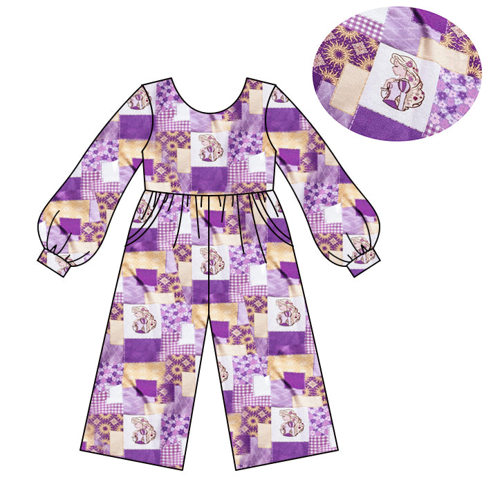 (Custom Design Preorder MOQ 5) Cartoon Princess Purple Flowers Print Girls Long Sleeve Leggy Jumpsuits