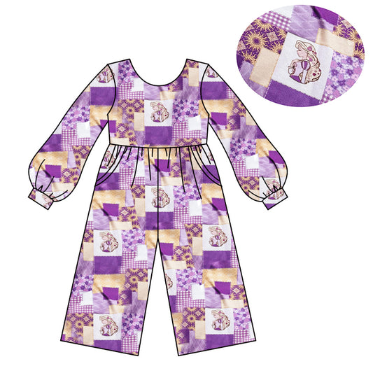 (Custom Design Preorder MOQ 5) Cartoon Princess Purple Flowers Print Girls Long Sleeve Leggy Jumpsuits