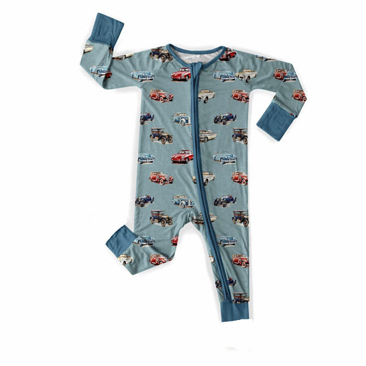 (Custom Design Preorder MOQ 5)Cars Print Baby Boys Sleeper Zipper Romper