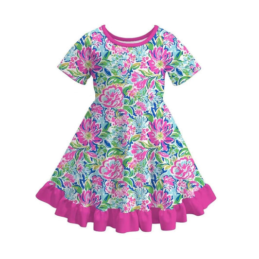 (Custom Design Preorder MOQ 5) Flowers Print Girls Summer Knee Length Dress