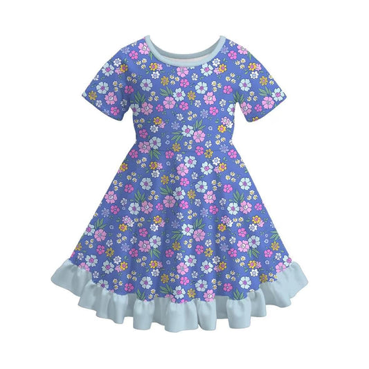 (Custom Design Preorder MOQ 5) Blue Flowers Print Girls Summer Knee Length Dress