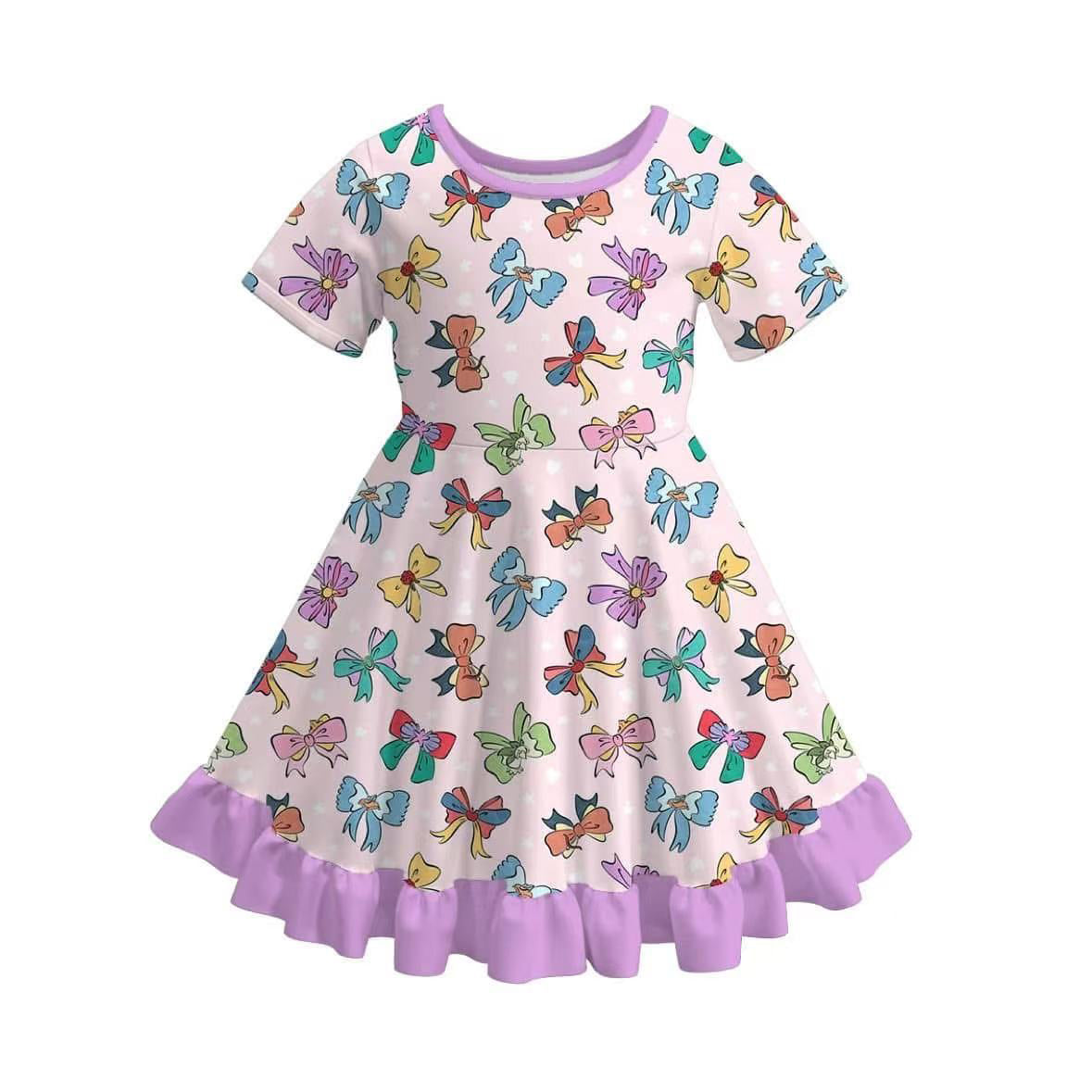 (Custom Design Preorder MOQ 5) Cartoon Princess Bows Print Girls Summer Knee Length Dress