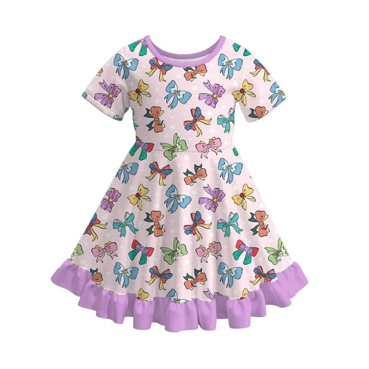 (Custom Design Preorder MOQ 5) Cartoon Princess Bows Print Girls Summer Knee Length Dress
