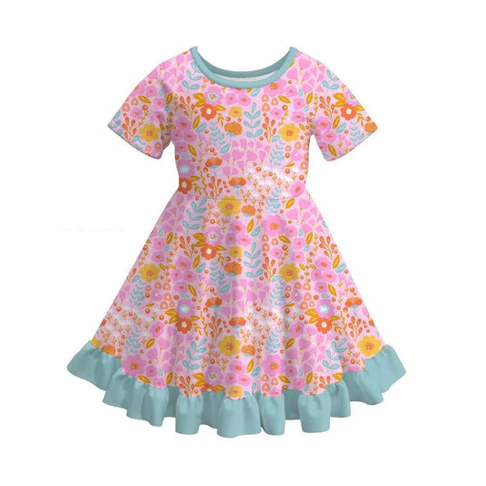 (Custom Design Preorder MOQ 5) Pink Flowers Print Girls Summer Knee Length Dress