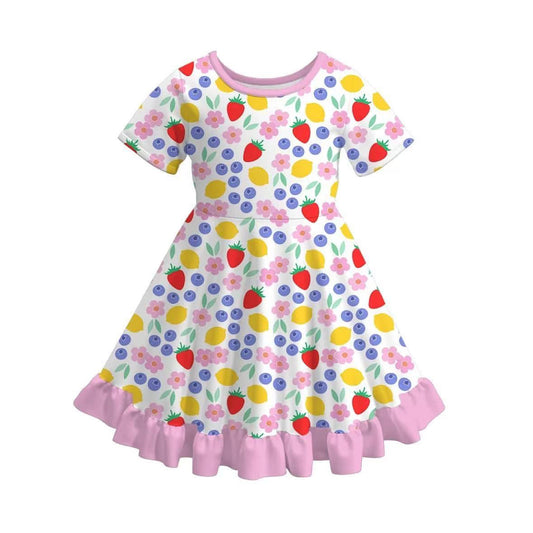(Custom Design Preorder MOQ 5) Berries Flowers Fruits Print Girls Summer Knee Length Dress