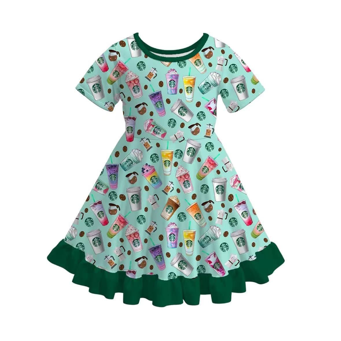 (Custom Design Preorder MOQ 5) Drinks Green Print Girls Summer Knee Length Dress