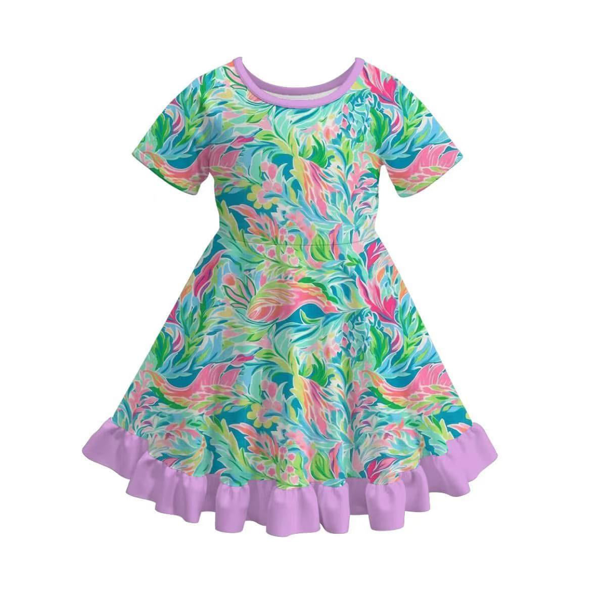 (Custom Design Preorder MOQ 5) Seaweed Flowers Print Girls Summer Knee Length Dress