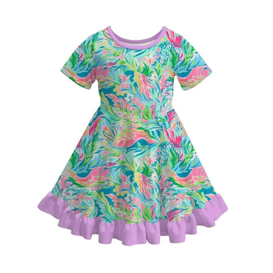 (Custom Design Preorder MOQ 5) Seaweed Flowers Print Girls Summer Knee Length Dress