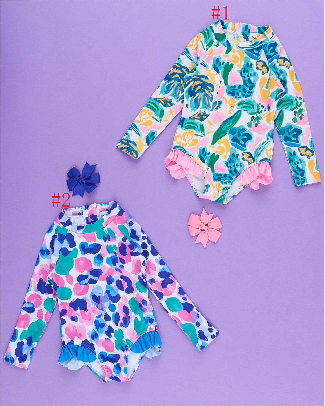 (Custom Design Preorder MOQ 5)  2 Colors Girls Long Sleeve 1 Piece Swimsuits Sisters Wear