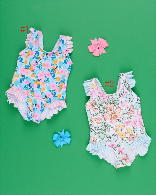 (Custom Design Preorder MOQ 5)  2 Colors Flowers Girls 1 Piece Swimsuits Sisters Wear