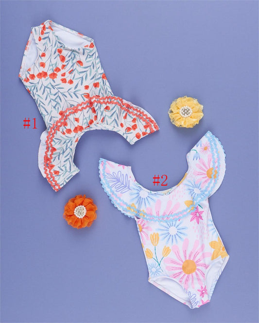 (Custom Design Preorder MOQ 5) Colorful Flowers Print Girls 1 Piece Swimsuits Sister Wear