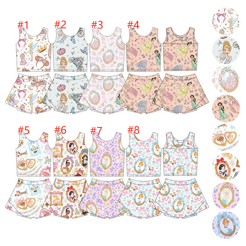 (Custom Design Preorder MOQ 5 Each Item )5-8 Styles Cartoon Princess Print Shorts Skirts Girls Summer Yoga Clothes Set