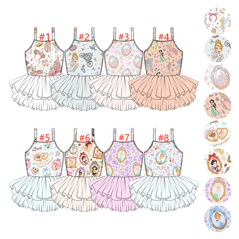 (Custom Design Preorder MOQ 5 Each Item) 1-4 Styles Cartoon Princess Print Girls Summer Knee Length Tulle Dress