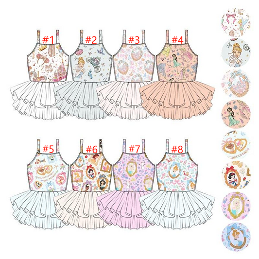 (Custom Design Preorder MOQ 5 Each Item) 5-8 Styles Cartoon Princess Print Girls Summer Knee Length Tulle Dress